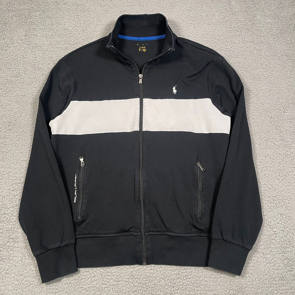 Polo Ralph Lauren Track Jacket Men M Black White Full Zip Streetwear 100% Cotton